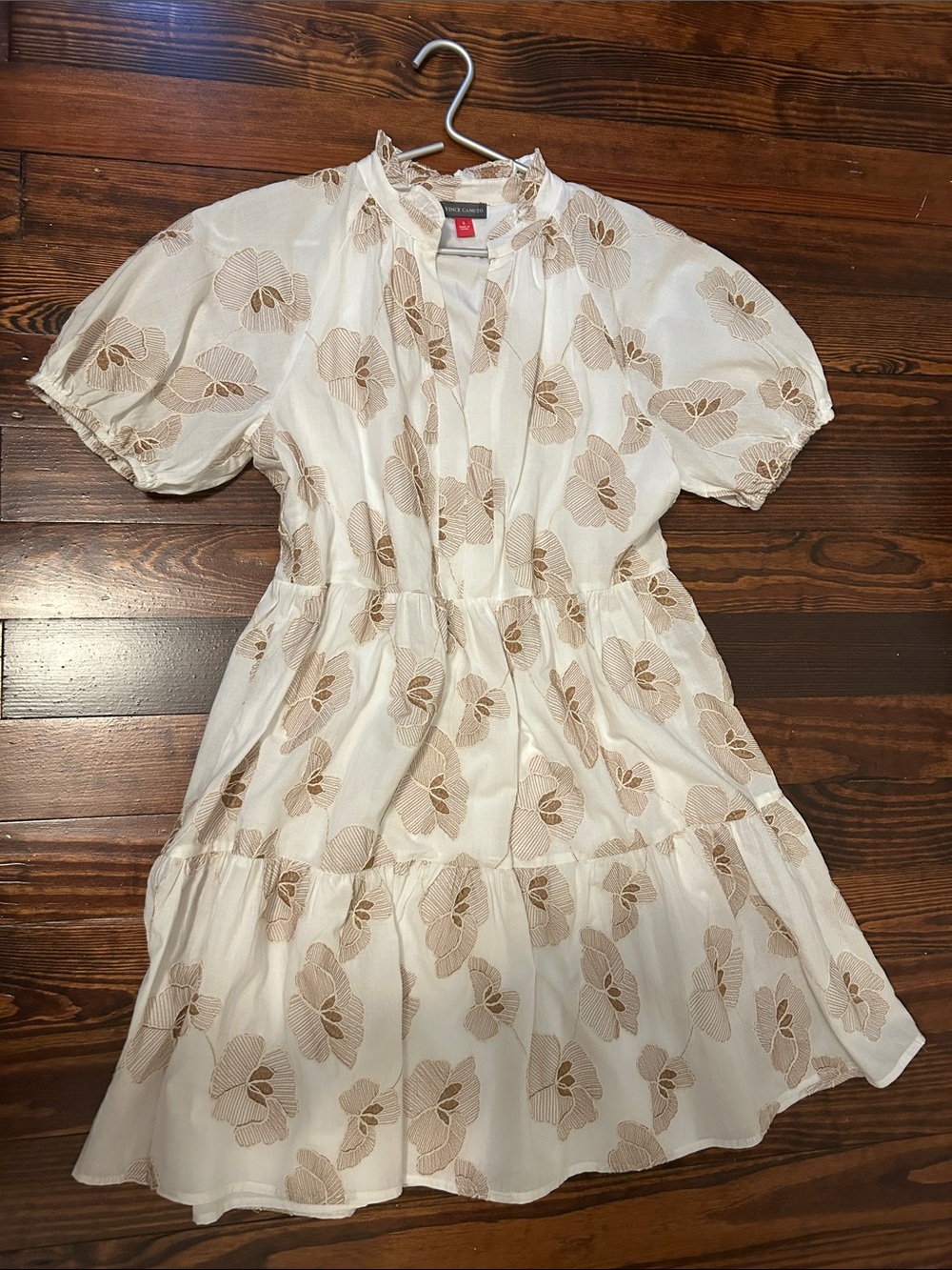 Vince Camuto White Dress with Beige Floral Embroidery